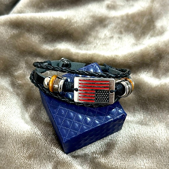 Vintage American Flag Snap Buckle Braided Leather Bracelet Red White Blue SALE - Picture 7 of 14